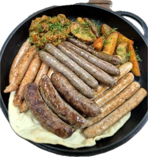 Асорті ковбас (курка, індичка, свинина, телятина). Подаються  з картоплею по креольски та сирними ліпениками